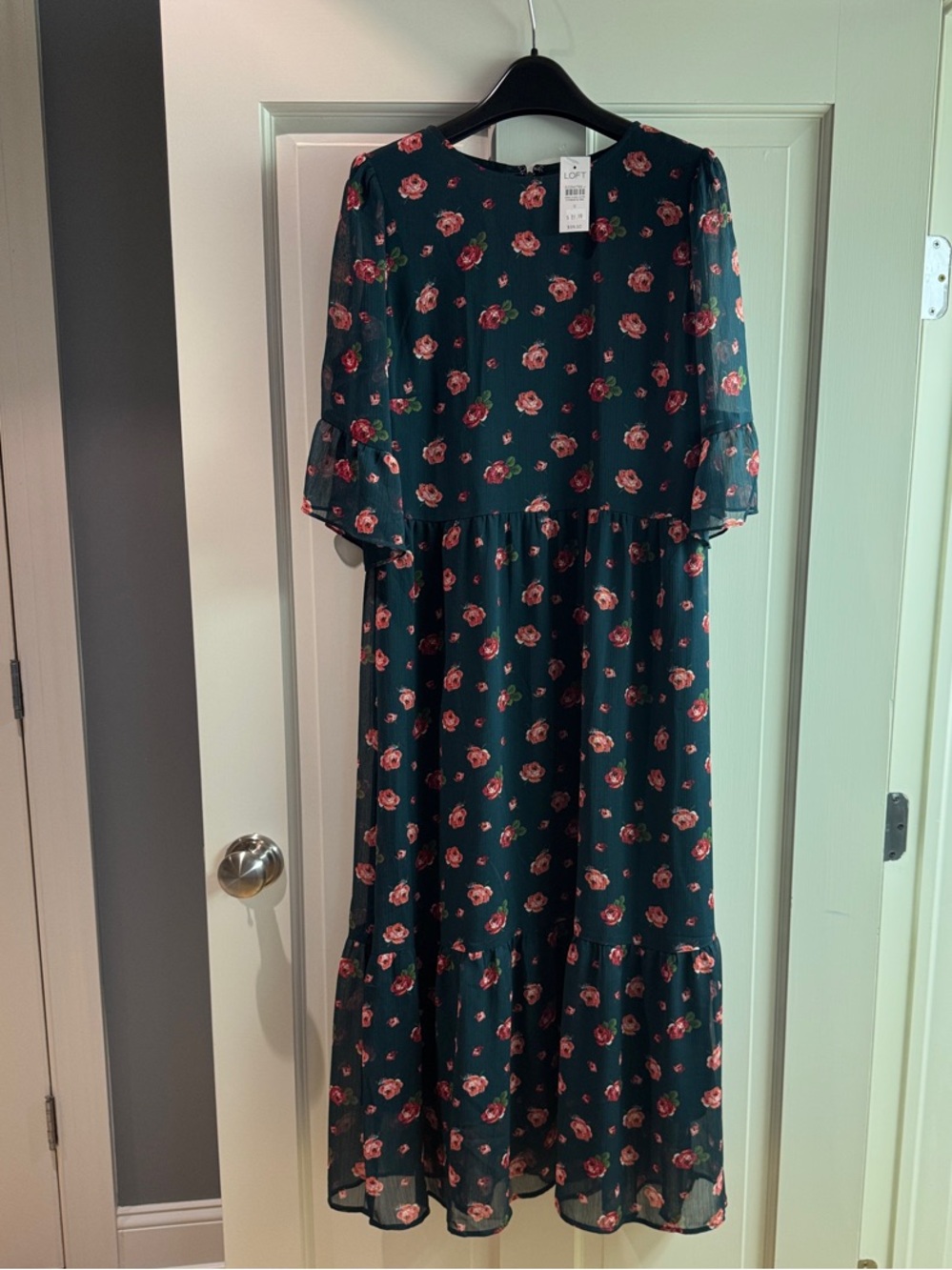 LOFT Dark Green Midi Dress with Pink Rose Print